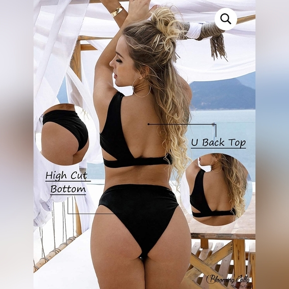 BLOOMING JELLY WOMEN’S HIGH WAISTED SWIMSUIT CROP TOP CUT OUT 2 PIECE CHEEKY - Picture 3 of 6